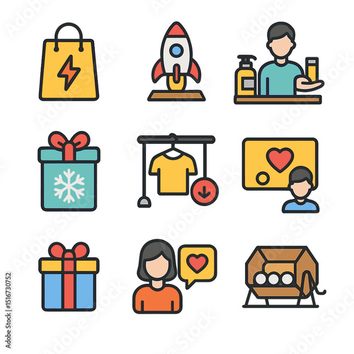 Retail Promotion Icons. Flat icon set of retail promotions and events: flash sale, product launch, in-store