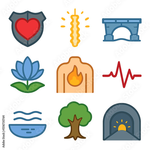 Resilience Icon Set. Flat icon set of inner strength and resilience: armor heart, glowing spine, sturdy bridge