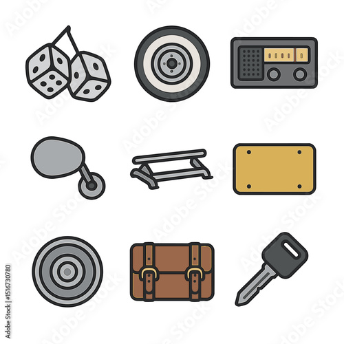 Retro Car Accessories Icons. Flat icon set of retro vehicle accessories: fuzzy dice, whitewall tire, AM radio,