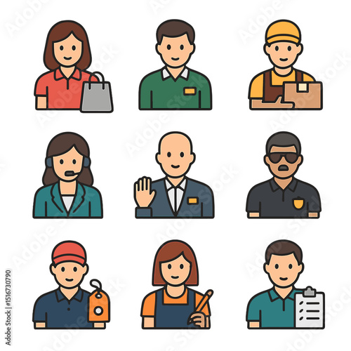 Retail Staff Icons. Flat icon set of retail staff roles: sales associate, floor manager, stock clerk, customer