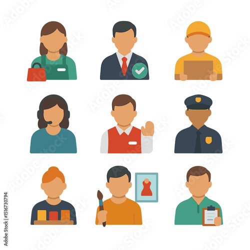 Retail Staff Icons. Flat icon set of retail staff roles: sales associate, floor manager, stock clerk, customer