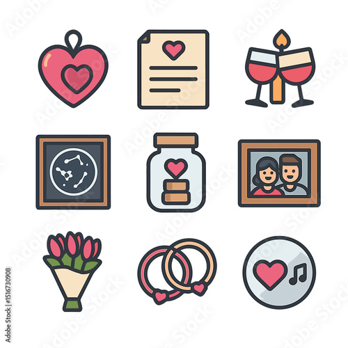 Romantic Gift Icons. Flat icon set of romantic and thoughtful gifts: heart locket, handwritten letter,