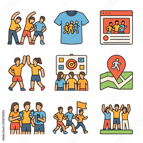 Running Community Icons. Flat icon set of group running community: group warm-up, running club shirt, social