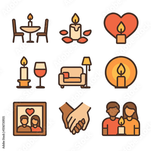 Romantic Candlelight Icons. Flat icon set of romantic living room candle settings: candlelit dinner icon, rose