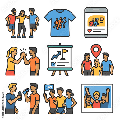 Running Community Icons. Flat icon set of group running community: group warm-up, running club shirt, social