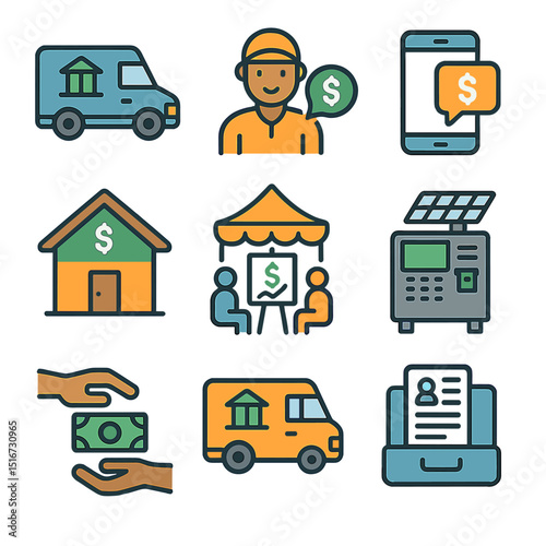 Rural Banking Icon Set. Flat icon set of rural and underserved banking: mobile banking van, agent banker, SMS