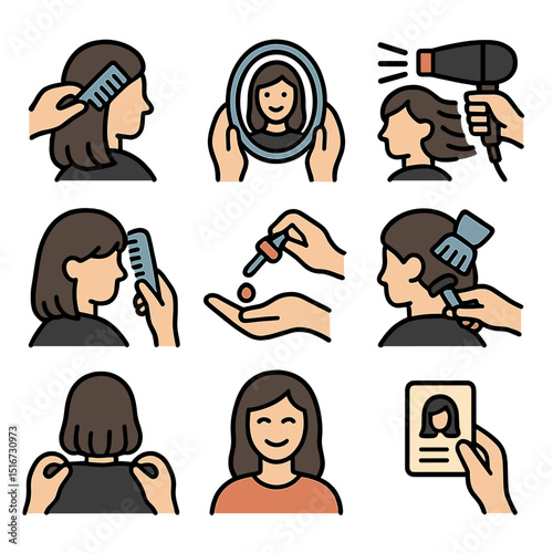 Salon Finishing Steps Icons. Flat icon set of salon finishing steps: final comb-through, mirror check icon,