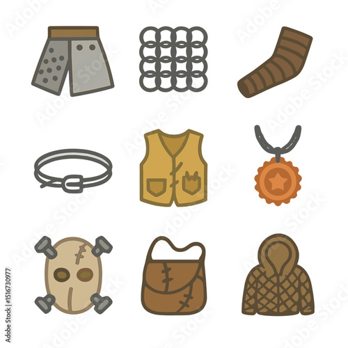 Salvaged Fashion Icons. Flat icon set of salvaged material fashion: metal plate skirt, chainmail patch, rubber