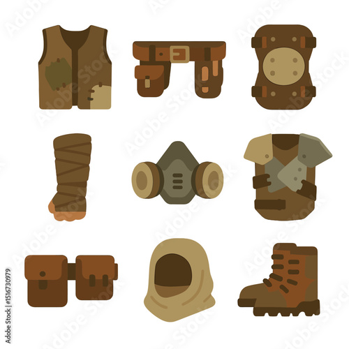 Scavenger Gear Icons. Flat icon set of scavenger fashion gear: patched vest, tool belt, knee guards, arm wraps