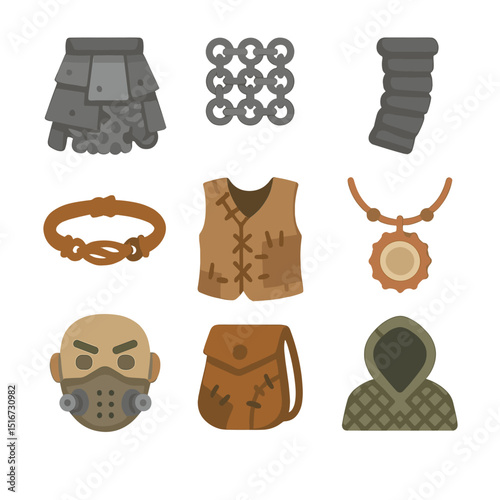 Salvaged Fashion Icons. Flat icon set of salvaged material fashion: metal plate skirt, chainmail patch, rubber