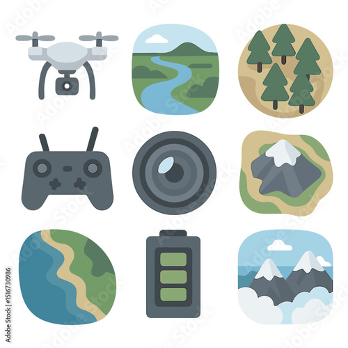 Scenic Drone Icon Set. Flat icon set of scenic drone photography: quadcopter flying, aerial landscape,