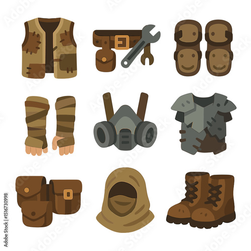 Scavenger Gear Icons. Flat icon set of scavenger fashion gear: patched vest, tool belt, knee guards, arm wraps