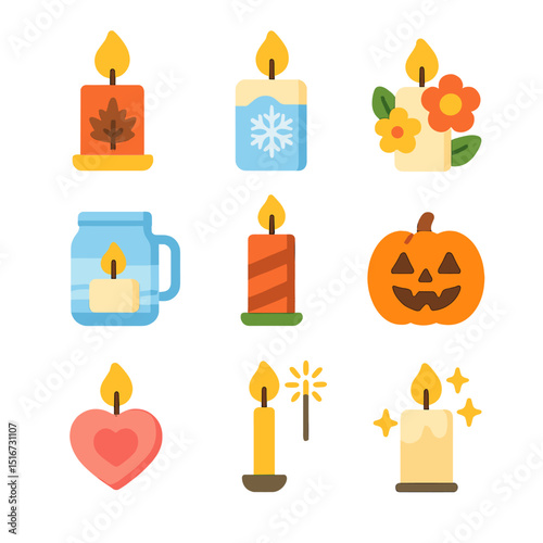 Seasonal Candle Décor Icons. Flat icon set of seasonal candle décor: autumn leaf candle, winter snowflake