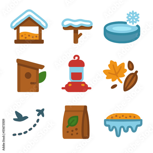 Seasonal Bird Feeding Icons. Flat icon set of seasonal bird feeding: winter feeder, snow-covered perch, thawed