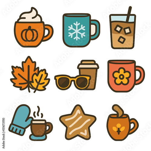 Seasonal Coffee Icons. Flat icon set of seasonal coffee vibes: pumpkin spice cup, snowflake mug, iced latte