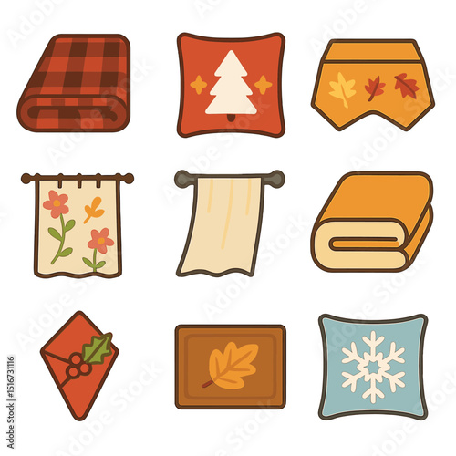 Seasonal Home Textiles Icons. Flat icon set of seasonal home textiles: winter flannel throw, holiday print