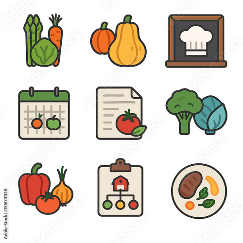 Seasonal Menu Icons. Flat icon set of seasonal menus and planning: spring vegetables icon, fall squash display