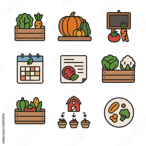 Seasonal Menu Icons. Flat icon set of seasonal menus and planning: spring vegetables icon, fall squash display