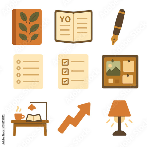 Seasonal Journaling Icons. Flat icon set of seasonal journaling and goal setting: leaf-print cover, yearly
