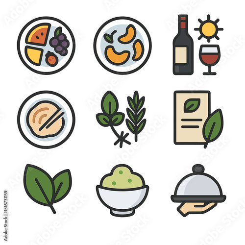 Seasonal Menu Icons. Flat icon set of seasonal tasting menus: summer fruit plate, autumn squash dish, winter