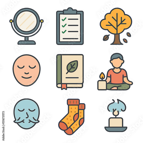 Seasonal Self-Reflection Icons. Flat icon set of seasonal self-reflection: mirror with light, self-care