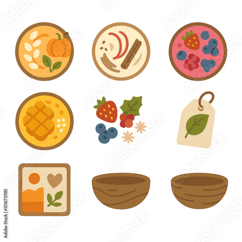 Seasonal Smoothie Bowls. Flat icon set of seasonal smoothie bowls: autumn pumpkin blend, winter cinnamon apple