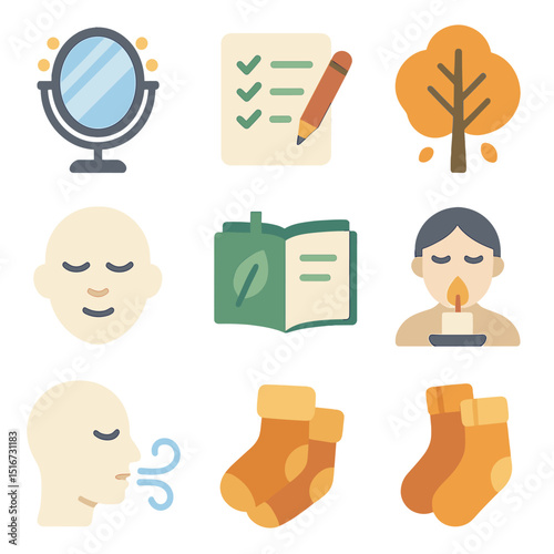 Seasonal Self-Reflection Icons. Flat icon set of seasonal self-reflection: mirror with light, self-care