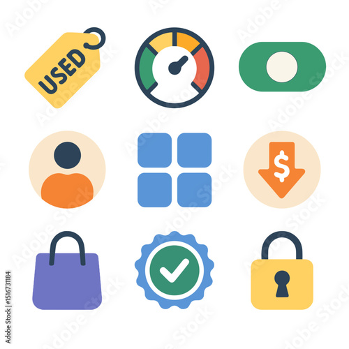 Secondhand Shopping Icons. Flat icon set of secondhand shopping apps: used item tag, condition icon, bid