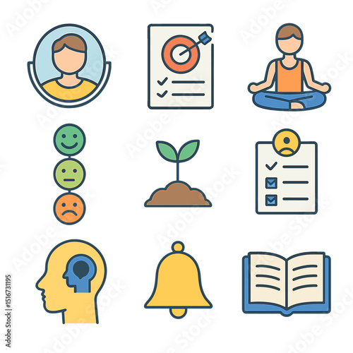 Self-Growth Icon Set. Flat icon set of self-awareness and personal growth: mirror with reflection, goal