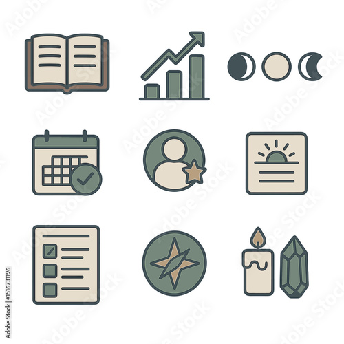 Self-Reflection Icon Set. Flat icon set of self-reflection and intention setting: open journal, goal setting