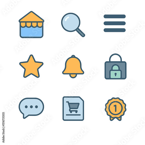 Shopping App Icons. Flat icon set of shopping app features: app home icon, search magnifier, categories menu,