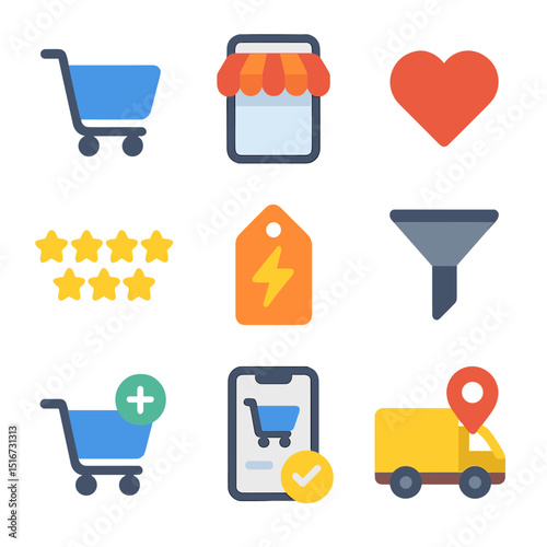 Shopping App Icons. Flat icon set of shopping apps: shopping cart icon, mobile storefront, wishlist heart,