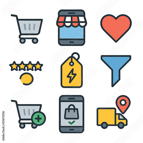 Shopping App Icons. Flat icon set of shopping apps: shopping cart icon, mobile storefront, wishlist heart,