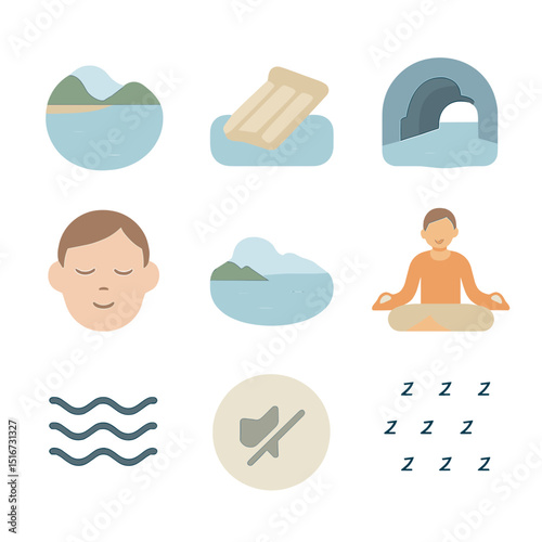 Silent Water Retreat Icons. Flat icon set of silent water retreat: isolated bay, minimalist float, ocean cave