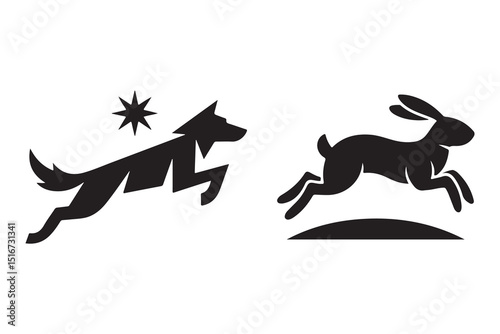 Black vector silhouette illustration of a running wild animal with a tail