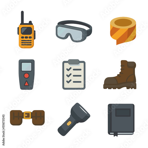 Site Supervision Essentials. Flat icon set of site supervision tools: radio headset, safety goggles,