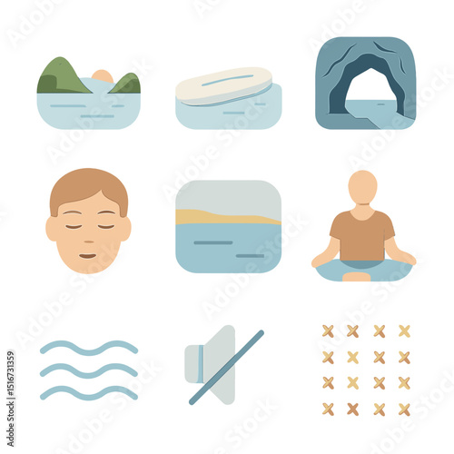 Silent Water Retreat Icons. Flat icon set of silent water retreat: isolated bay, minimalist float, ocean cave
