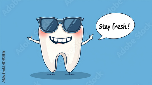 Funny cartoon tooth wearing sunglasses giving a cheerful message about dental health and freshness