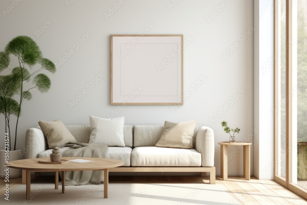 Fototapeta premium White framed poster in mockup style hanging from the wall