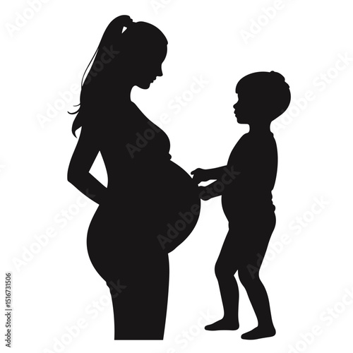 Pregnant woman silhouette interacting with young child silhouette  