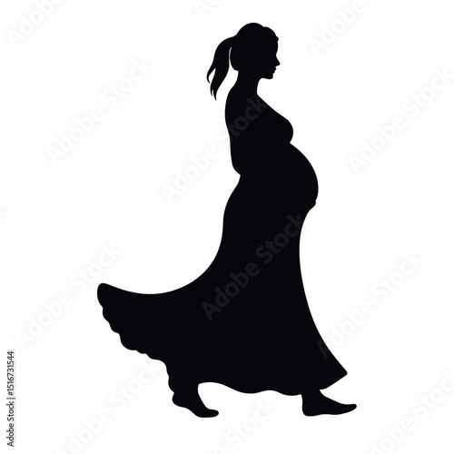 Pregnant woman walking gracefully in flowing dress silhouette  