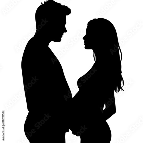 Pregnant woman and partner embracing tenderly in silhouette  