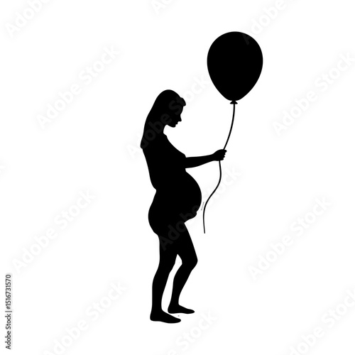 Pregnant woman holding a balloon in silhouette against a plain background  