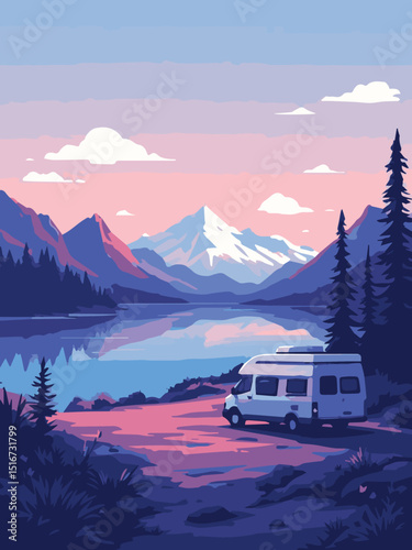 Camper Van in Mountain Winter Scene