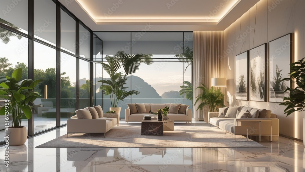 Fototapeta premium A modern living room with large windows and neutral tones overlooking a scenic mountain view outside