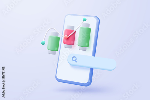 3D graph up with search notice icon for finance statistic, sell and buy report. analyzing investment money cash and exchange with finance. 3d trading stock report icon vector render illustration