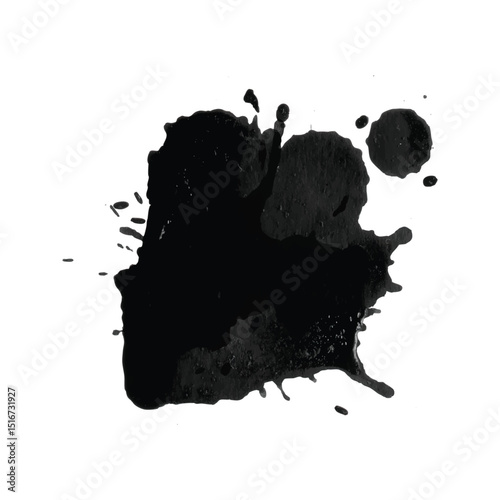 High contrast abstract black ink stain with scattered droplets and expressive splashes for grunge backgrounds, creative digital artworks, and modern graphic compositions.