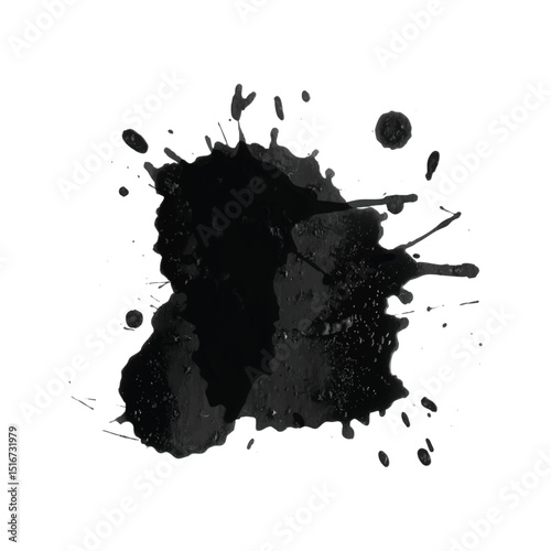 Dynamic black ink splash explosion with bold droplets and scattered spots creating a dramatic artistic grunge effect for backgrounds, overlays, and digital art.
