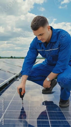 Technician Inspecting Solar Panel Array