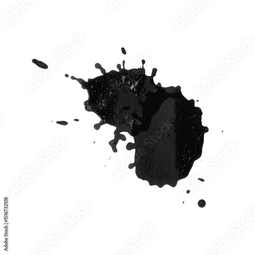 Irregular fluid black ink stain with scattered droplets and unique organic form ideal for design elements, digital backgrounds, artistic compositions, and creative overlays.